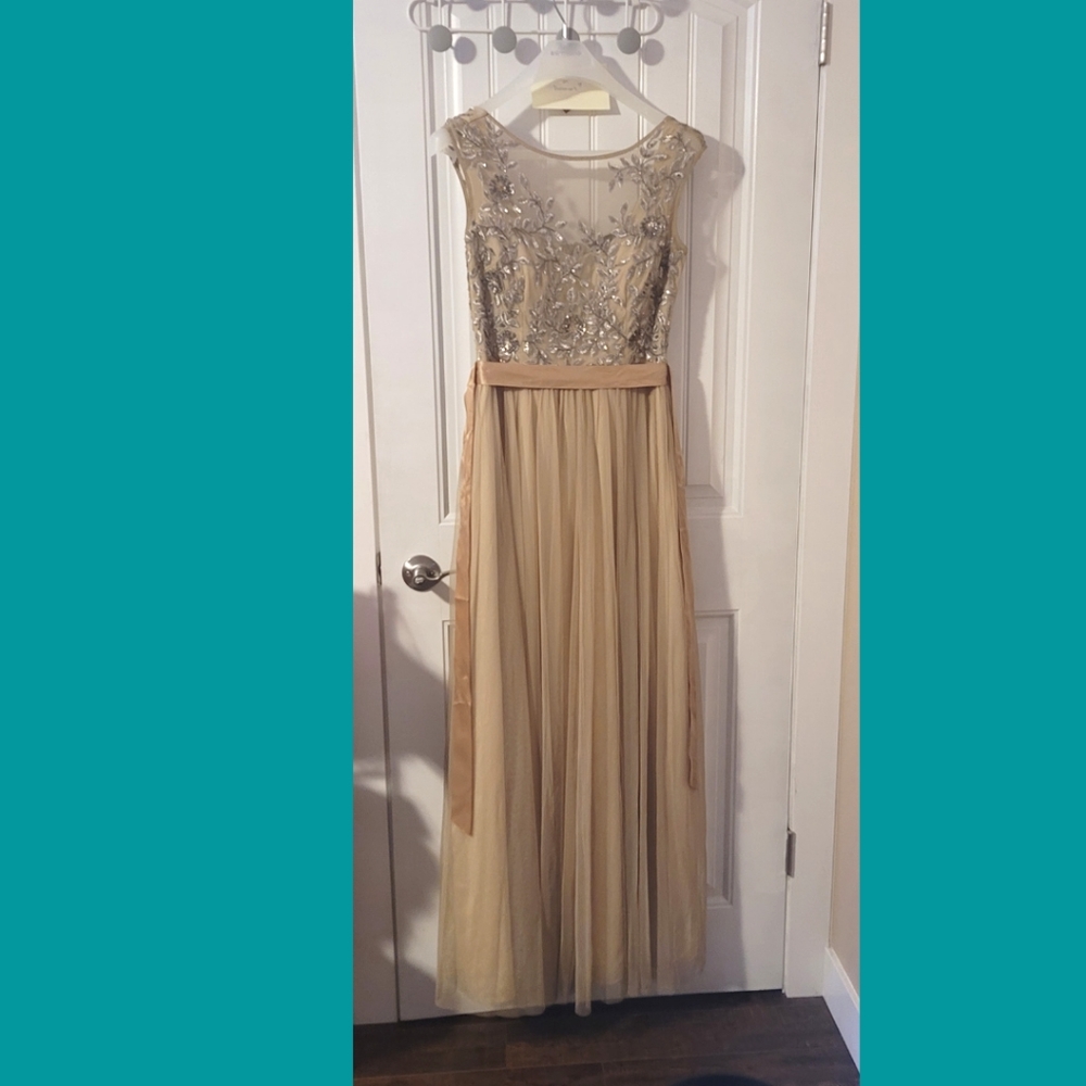 Aidan Mattox gold Champagne Silver Tulle gown dress